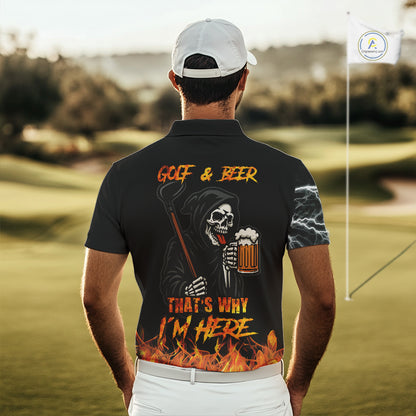 Funny Skull Reaper Lightning Flame Golf Polo Shirts For Men custom Golf & Beer That's why I'm here NQS10932