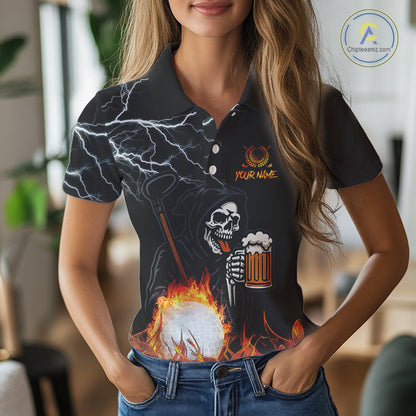 Funny Skull Reaper Lightning Flame Golf Polo Shirts For Women custom Golf & Beer That's why I'm here NQS10932