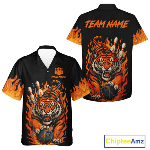 Black and Orange Flame Tiger Bowling Hawaiian Shirt Custom Team Tiger Bowling Button Up Shirt NQS10935