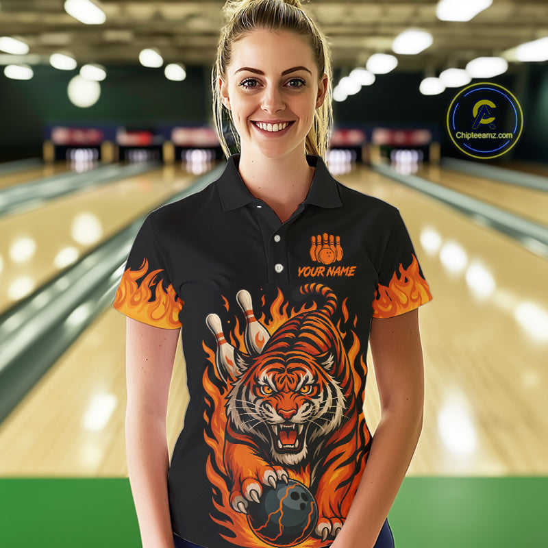 Black and Orange Flame Tiger Bowling Polo, 1/4 Zip Shirts for Women Custom Team Tiger Bowling Jersey NQS10935