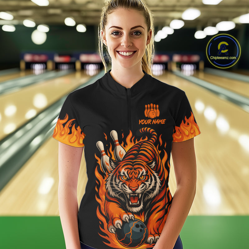Black and Orange Flame Tiger Bowling Polo, 1/4 Zip Shirts for Women Custom Team Tiger Bowling Jersey NQS10935