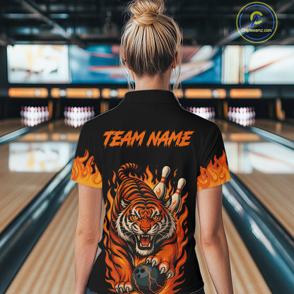 Black and Orange Flame Tiger Bowling Polo, 1/4 Zip Shirts for Women Custom Team Tiger Bowling Jersey NQS10935