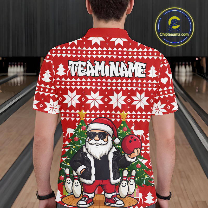 Funny Santa Christmas Mens Bowling Polo, Quarter Zip Shirts Custom Team Bowling Jersey | Red NQS10936