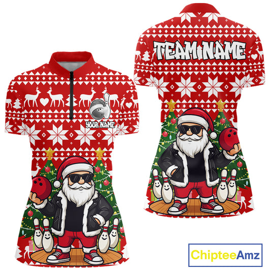 Funny Santa Christmas Women Bowling Polo, Quarter Zip Shirt Custom Team Bowling Jersey | Red NQS10936
