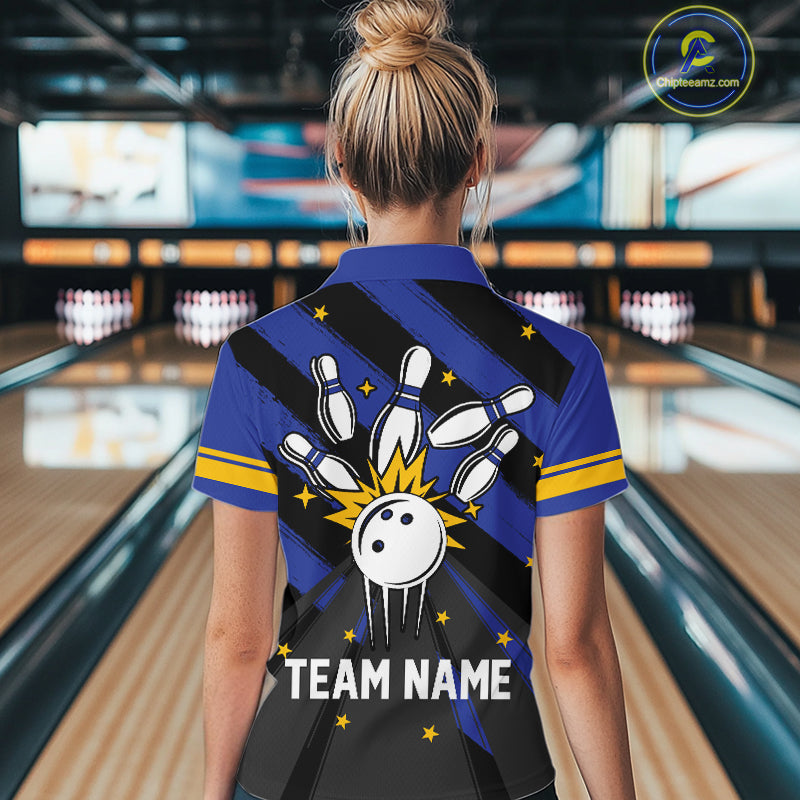 Retro Blue & Yellow argyle pattern Bowling shirts For Women custom bowling team jersey Bowler Outfits NQS11108