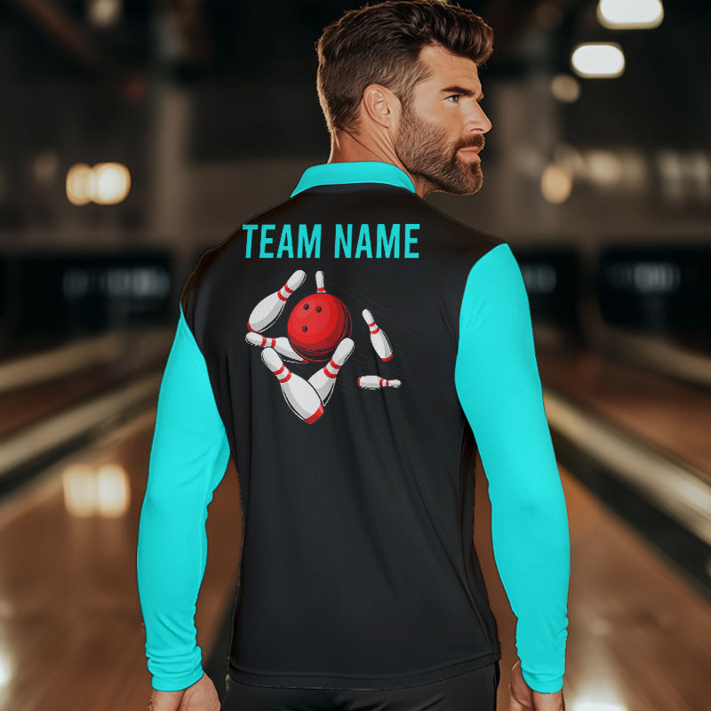 Personalized Cyan Blue and Black Retro Bowling Shirts For Men custom vintage bowling team jerseys NQS9599