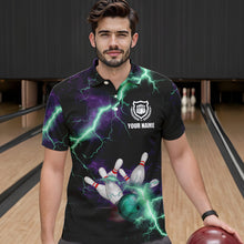 Load image into Gallery viewer, Men bowling shirts Custom Purple green lightning thunder Bowling Team Jersey, gift for team Bowlers NQS9601