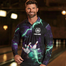 Load image into Gallery viewer, Men bowling shirts Custom Purple green lightning thunder Bowling Team Jersey, gift for team Bowlers NQS9601