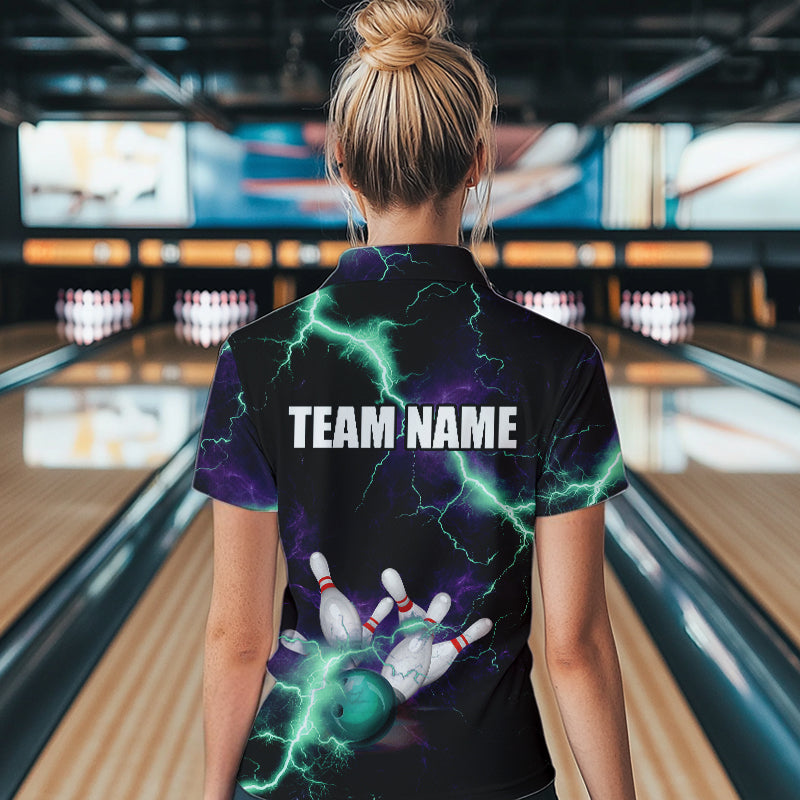Women bowling shirts Custom Purple green lightning thunder Bowling Team Jersey, gift for team Bowlers NQS9601