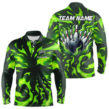 Load image into Gallery viewer, Men bowling Polo, Quarter Zip shirts Custom Green Flame Bowling Team Jersey, gift for team Bowlers NQS9602