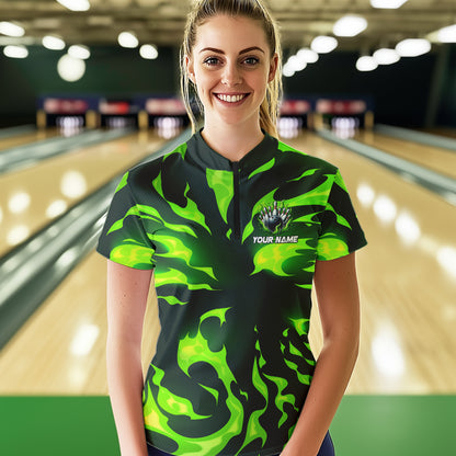 Women bowling Polo, Quarter Zip shirts Custom Green Flame Bowling Team Jersey, gift for team Bowlers NQS9602