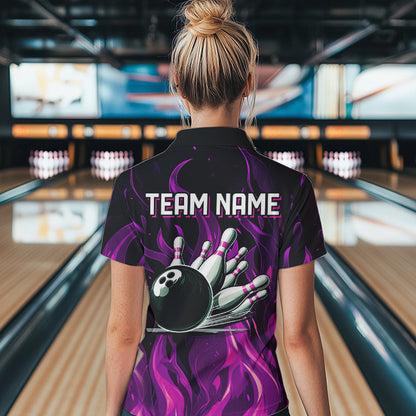 Women bowling Polo, Quarter Zip shirts Custom Pink Flame Bowling Team Jersey, gift for team Bowlers NQS9603