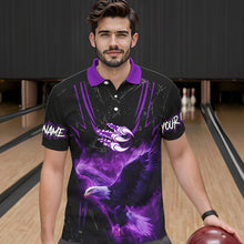 Load image into Gallery viewer, Black and Purple Flame Eagle Bowling Shirt For Men Custom Team Name Bowling Jerseys For Bowlers NQS9749