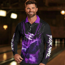 Load image into Gallery viewer, Black and Purple Flame Eagle Bowling Shirt For Men Custom Team Name Bowling Jerseys For Bowlers NQS9749