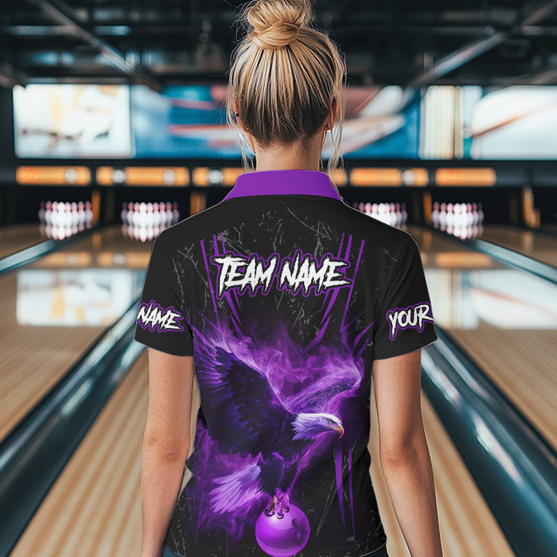 Black and Purple Flame Eagle Bowling Shirt For Women Custom Team Name Bowling Jerseys For Bowlers NQS9749
