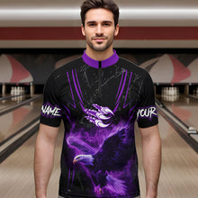 Load image into Gallery viewer, Black and Purple Flame Eagle Bowling Shirt For Men Custom Team Name Bowling Jerseys For Bowlers NQS9749