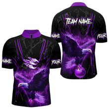 Load image into Gallery viewer, Black and Purple Flame Eagle Bowling Shirt For Men Custom Team Name Bowling Jerseys For Bowlers NQS9749