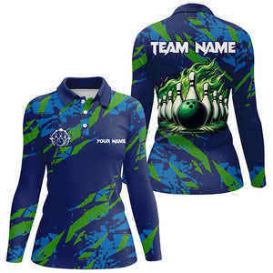 Blue and Green camo Bowling Polo Shirt for Women Custom Flame Bowling ball pins Team Bowler Jerseys NQS7529