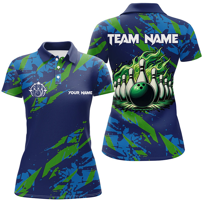 Blue and Green camo Bowling Polo Shirt for Women Custom Flame Bowling ball pins Team Bowler Jerseys NQS7529