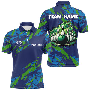 Blue and Green camo Bowling Polo Shirt for Men Custom Flame Bowling ball pins Team Bowler Jerseys NQS7529