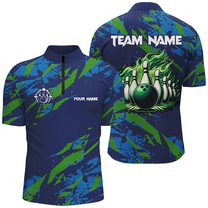 Blue and Green camo Bowling Quarter-Zip Shirt for Men Custom Flame Bowling ball pins Team Jerseys NQS7529