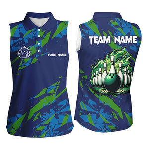 Blue and Green camo Bowling Sleeveless Polo Shirt for Women Custom Flame Bowling ball pins Team Jersey NQS7529