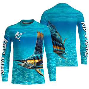 Sailfish fishing blue water camo Custom Name sun protection long sleeve fishing shirt for men, women NQS5553