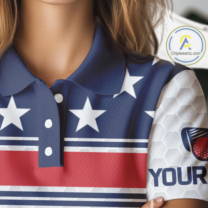 Red, White and Blue American Flag Womens golf polo shirts custom patriotic golf attire for ladies NQS10006
