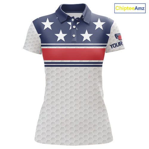 Red, White and Blue American Flag Womens golf polo shirts custom patriotic golf attire for ladies NQS10006