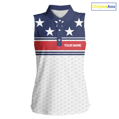 Red, White and Blue American Flag Women sleeveless golf polo shirt custom patriotic ldies golf attire NQS10006
