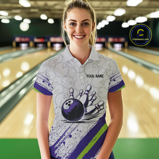 Purple and Green Bowling Camo Women Polo, 1/4 Zip Shirt Custom Team bowling jersey gift for bowlers NQS10008