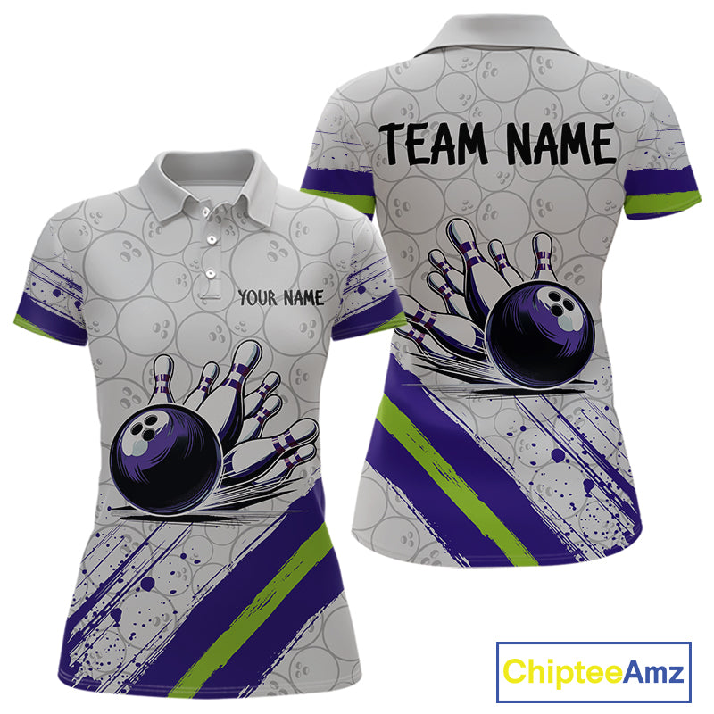 Purple and Green Bowling Camo Women Polo, 1/4 Zip Shirt Custom Team bowling jersey gift for bowlers NQS10008