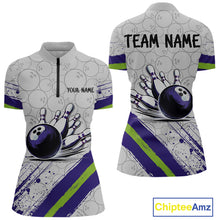 Load image into Gallery viewer, Purple and Green Bowling Camo Women Polo, 1/4 Zip Shirt Custom Team bowling jersey gift for bowlers NQS10008