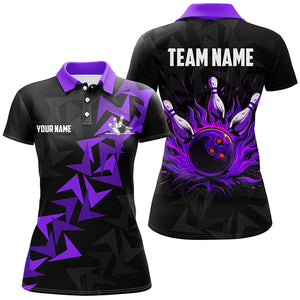 Black and Purple Flame Camo bowling Polo, Quarter Zip shirts for Women custom bowling team jerseys NQS7903