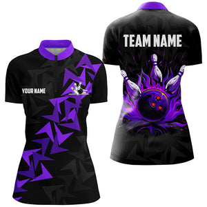 Black and Purple Flame Camo bowling Polo, Quarter Zip shirts for Women custom bowling team jerseys NQS7903