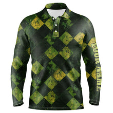 Load image into Gallery viewer, Green and Yellow argyle grunge pattern Men golf polo shirts custom golf apparel for men golf tops NQS8113