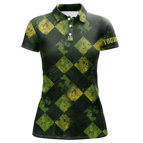 Green and Yellow argyle grunge pattern Women golf polo shirts custom golf apparel for ladies NQS8113