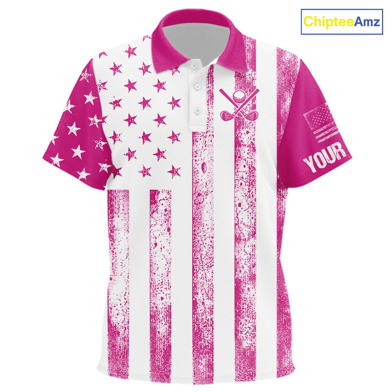 Personalized Pink & White American Flag Retro Kid golf polo shirt Custom Patriotic Kid golf top NQS10307