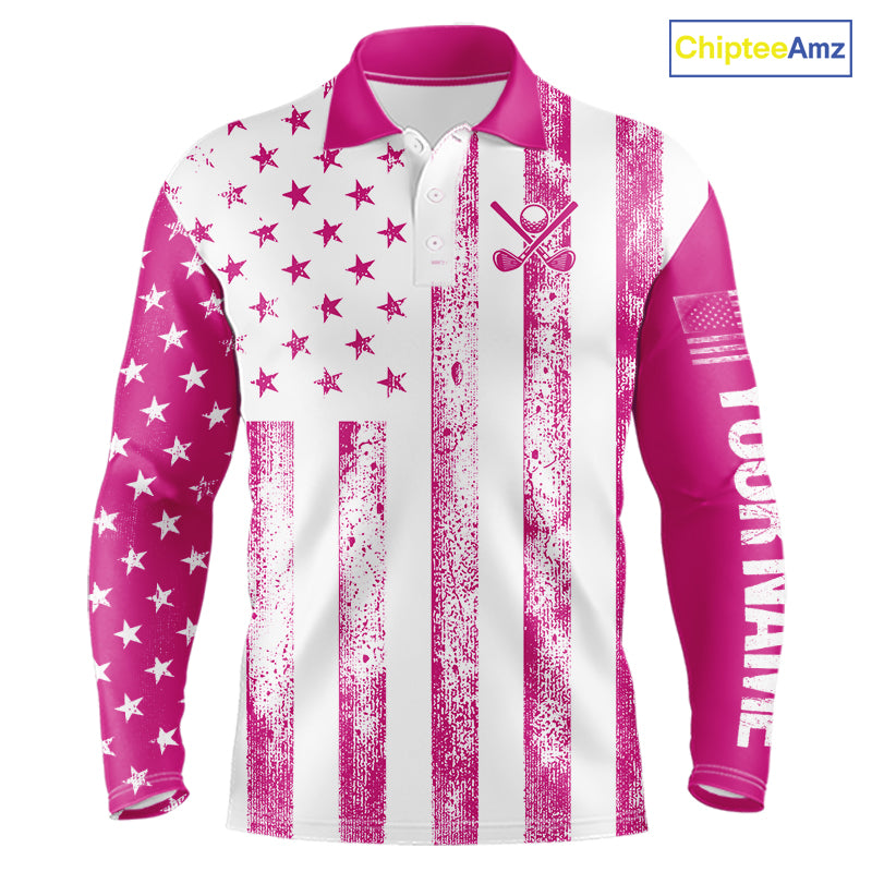 Personalized Pink & White American Flag Retro Men golf polo shirts Custom Patriotic golf top for men NQS10307