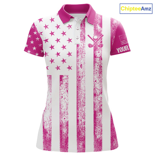 Personalized Pink & White American Flag Retro Women golf polo shirts Custom Patriotic ladies golf top NQS10307