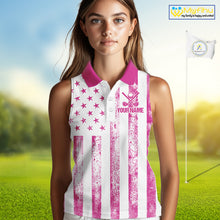Load image into Gallery viewer, Personalized Pink &amp; White American Flag Retro Women sleeveless polo shirt Patriotic laies golf top NQS10307