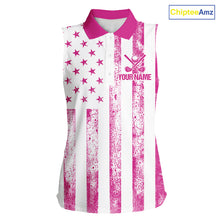 Load image into Gallery viewer, Personalized Pink &amp; White American Flag Retro Women sleeveless polo shirt Patriotic laies golf top NQS10307