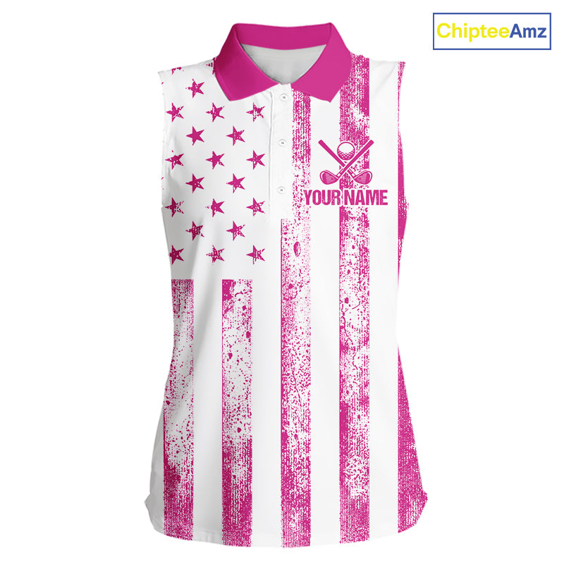 Personalized Pink & White American Flag Retro Women sleeveless polo shirt Patriotic laies golf top NQS10307