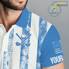 Load image into Gallery viewer, Personalized Blue &amp; White American Flag Retro Men golf polo shirts Custom Patriotic golf top for men NQS10308