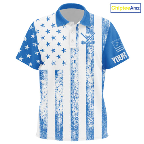 Personalized Blue & White American Flag Retro Kid golf polo shirt Custom Patriotic Kid golf top NQS10308