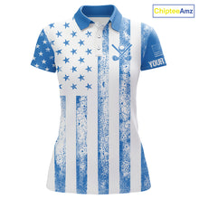 Load image into Gallery viewer, Personalized Blue &amp; White American Flag Retro Women golf polo shirts Custom Patriotic ladies golf top NQS10308