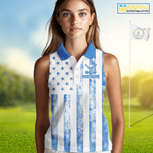 Load image into Gallery viewer, Personalized Blue &amp; White American Flag Retro Women sleeveless polo shirt Patriotic laies golf top NQS10308