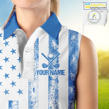 Load image into Gallery viewer, Personalized Blue &amp; White American Flag Retro Women sleeveless polo shirt Patriotic laies golf top NQS10308