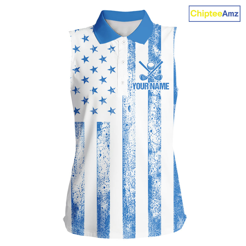 Personalized Blue & White American Flag Retro Women sleeveless polo shirt Patriotic laies golf top NQS10308