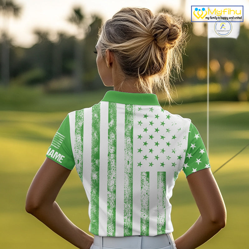 Personalized Green & White American Flag Retro Women golf polo shirt Custom Patriotic ladies golf top NQS10309